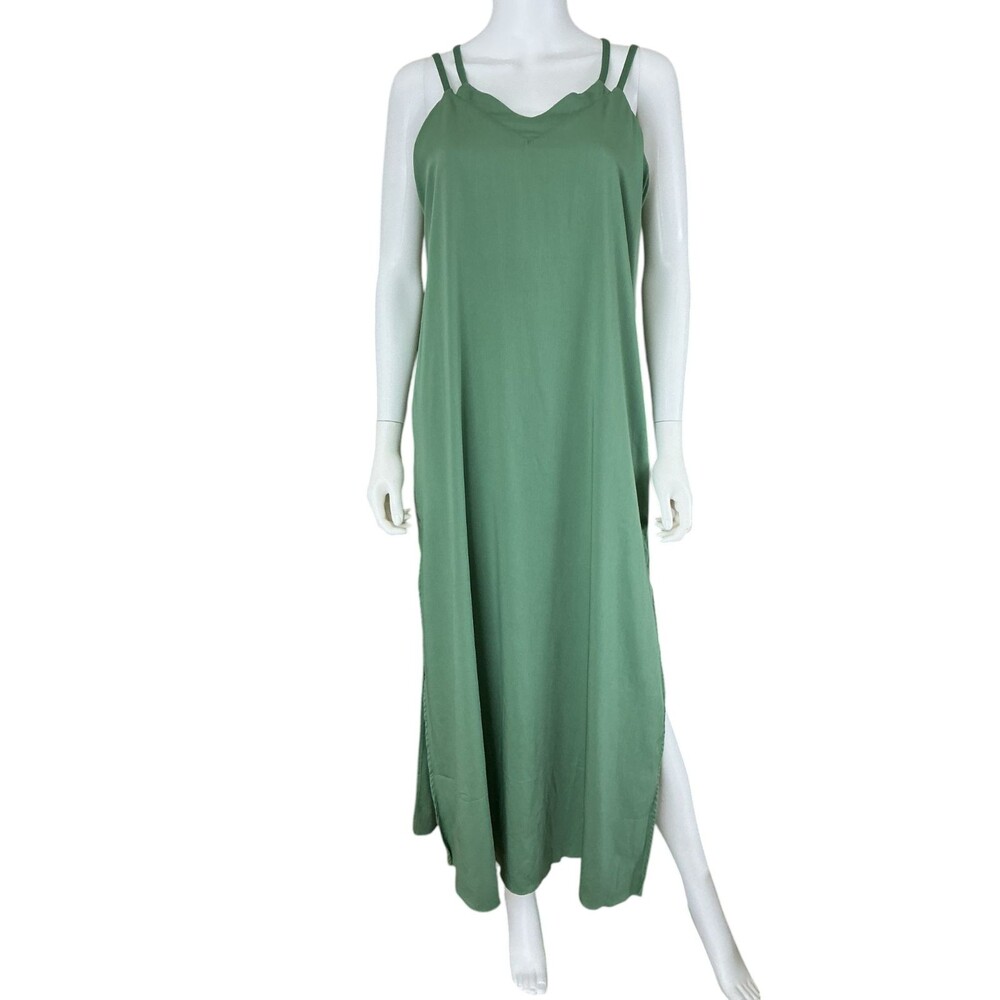 SheBird The Savannah Strappy Maxi Bra Dress Green Bamboo Blend sz 4 Slit Pockets